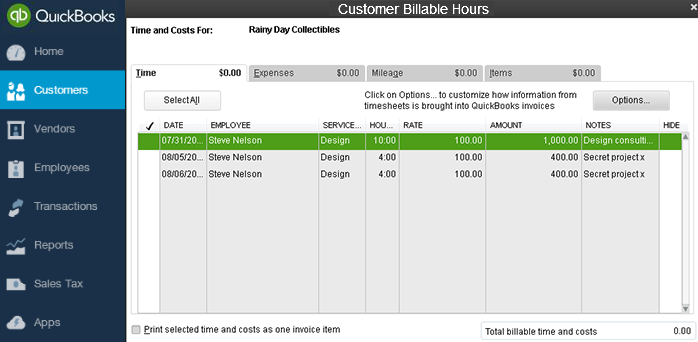QuickBooks Customer Billable Hours