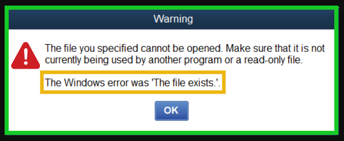 quickbooks file exists warning message